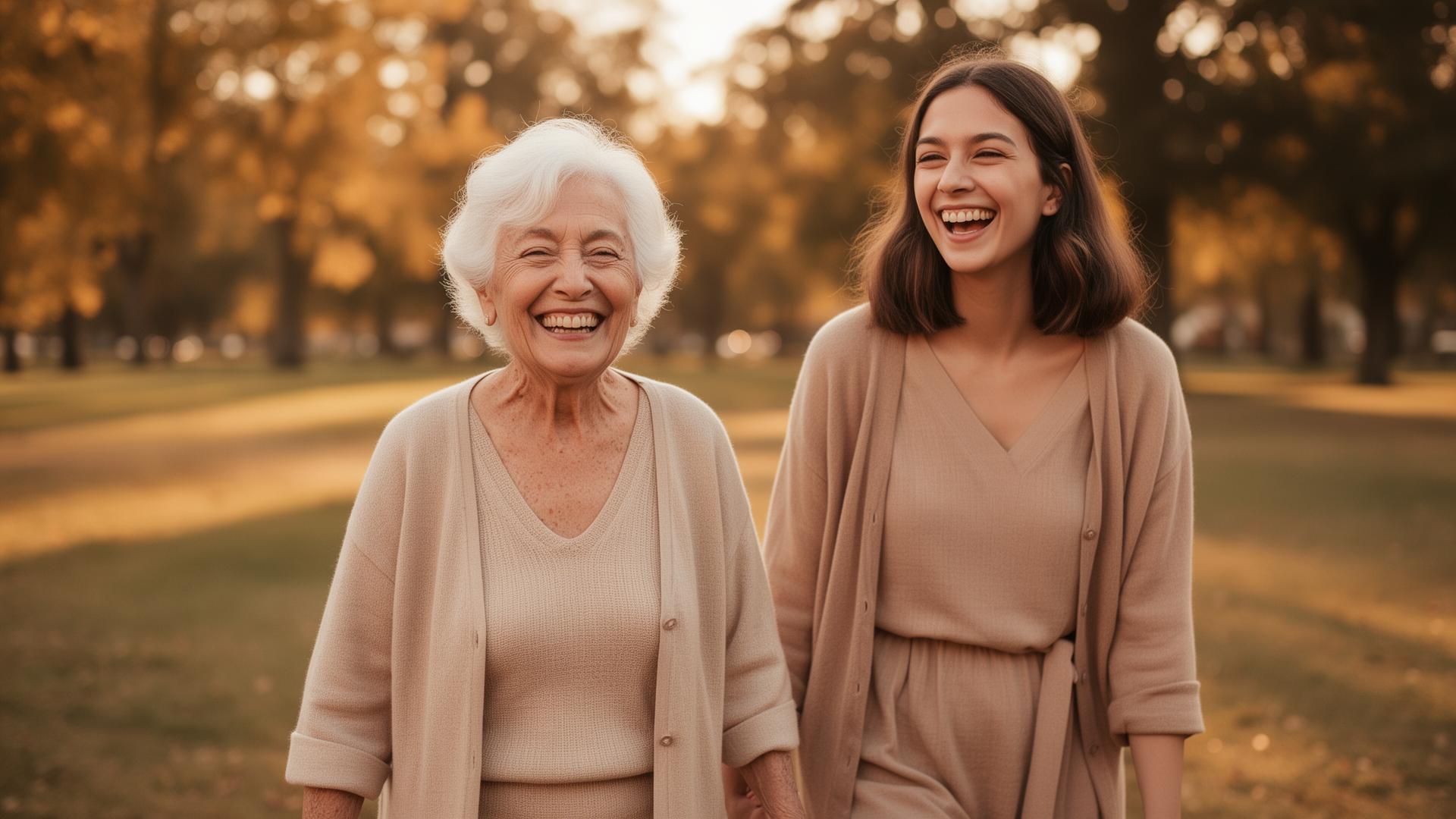 Adulta mayor caminando con su acompañante en un parque al atardecer